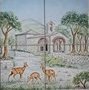 Antica chiesa con famiglia di caprioli.